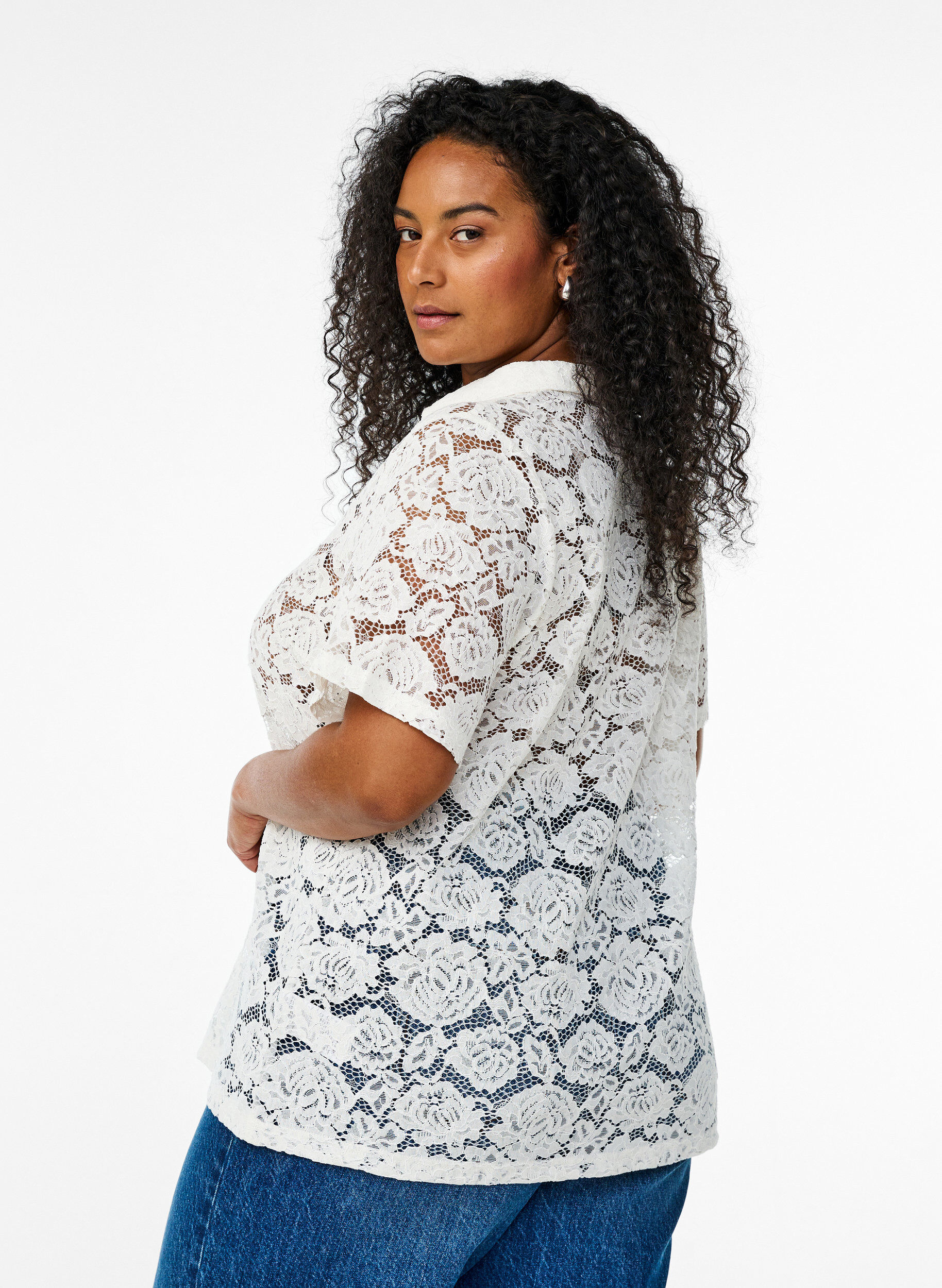 Zizzi Blondebluse med krage og V-hals, Vanilje, Model image number 2