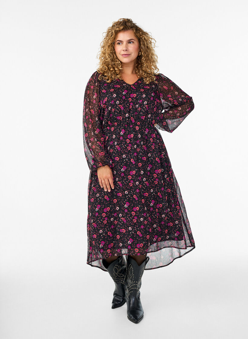 Chiffonkjole med blomstertrykk og lange ermer, Svart, Model image number 0