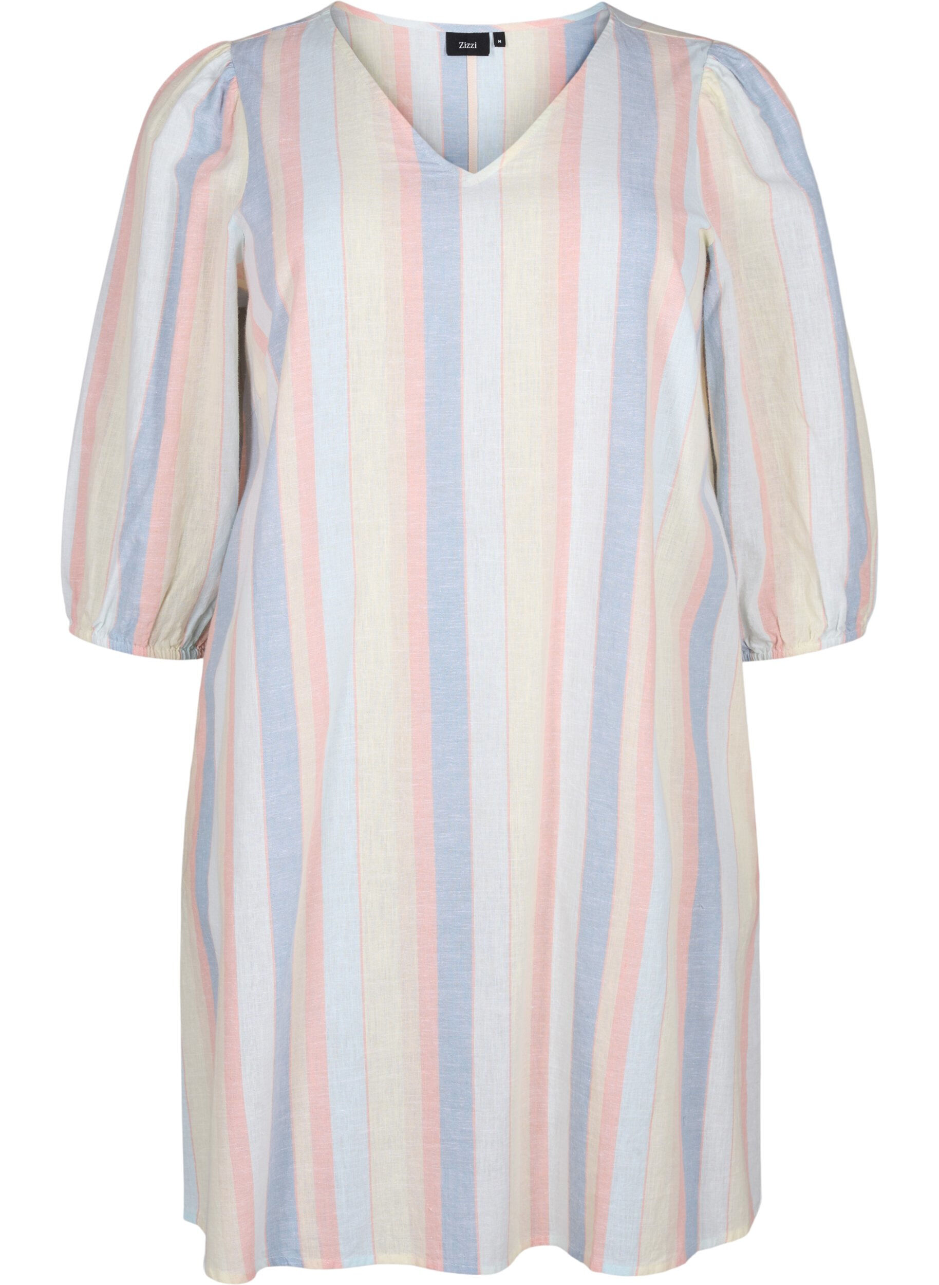 Zizzi Kort kjole i bomullsblanding med lin, Multi Color Stripe, Packshot image number 0