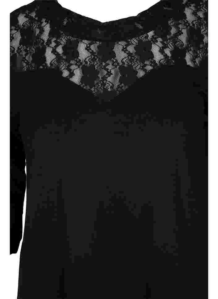 Viskosebluse med blonder og 3/4 ermer, Black, Packshot image number 2