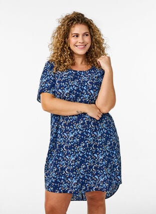 Zizzi Kjole med trykk og korte ermer, Blå, Model image number 0