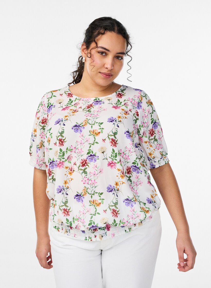 Blomstrete bluse med smock, Rosa, Model image number 0