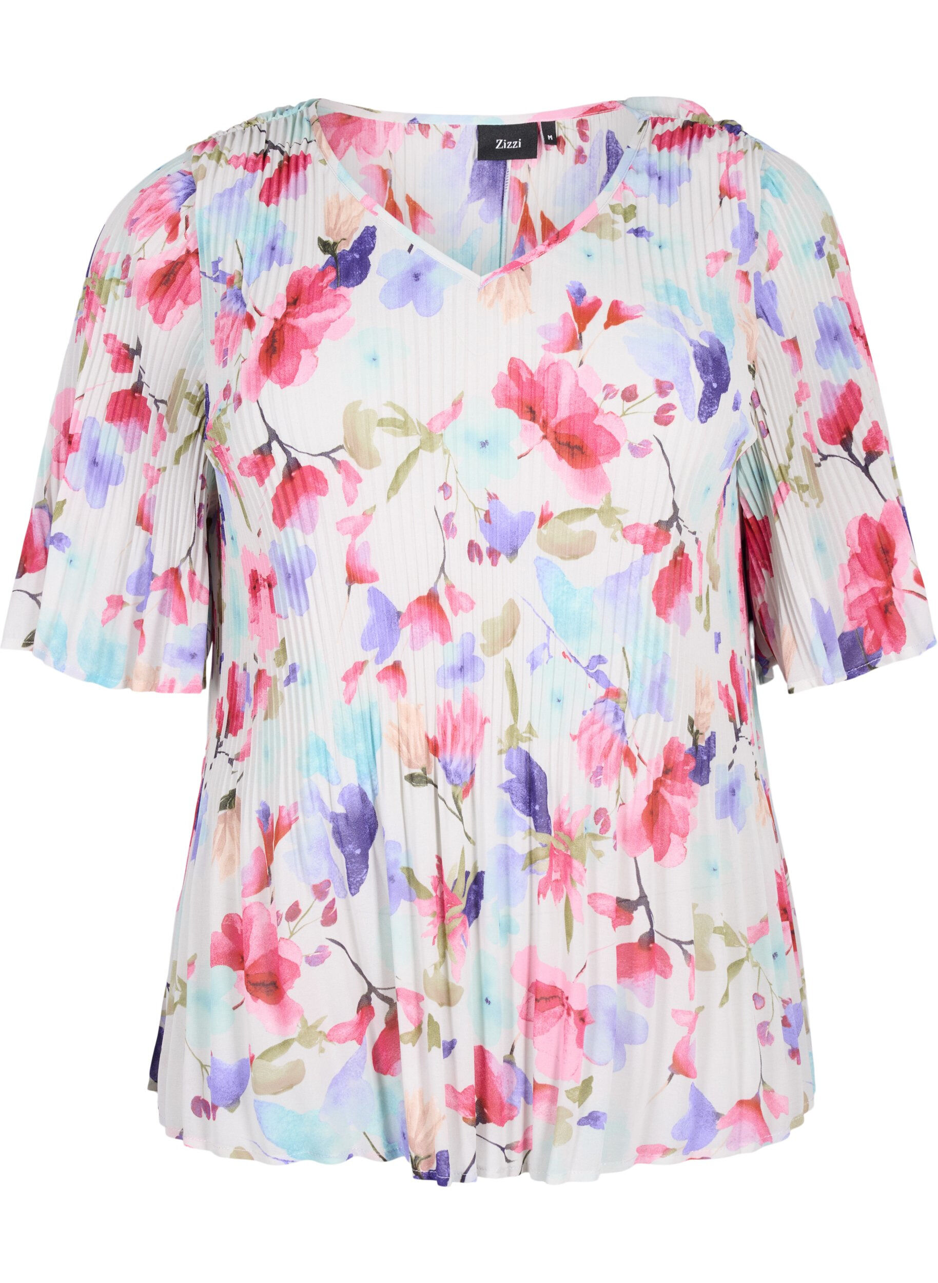 Zizzi Plissert blomstrete bluse, White/MultiFlowerAOP, Packshot image number 0