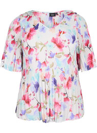 Plissert blomstrete bluse, White/MultiFlowerAOP