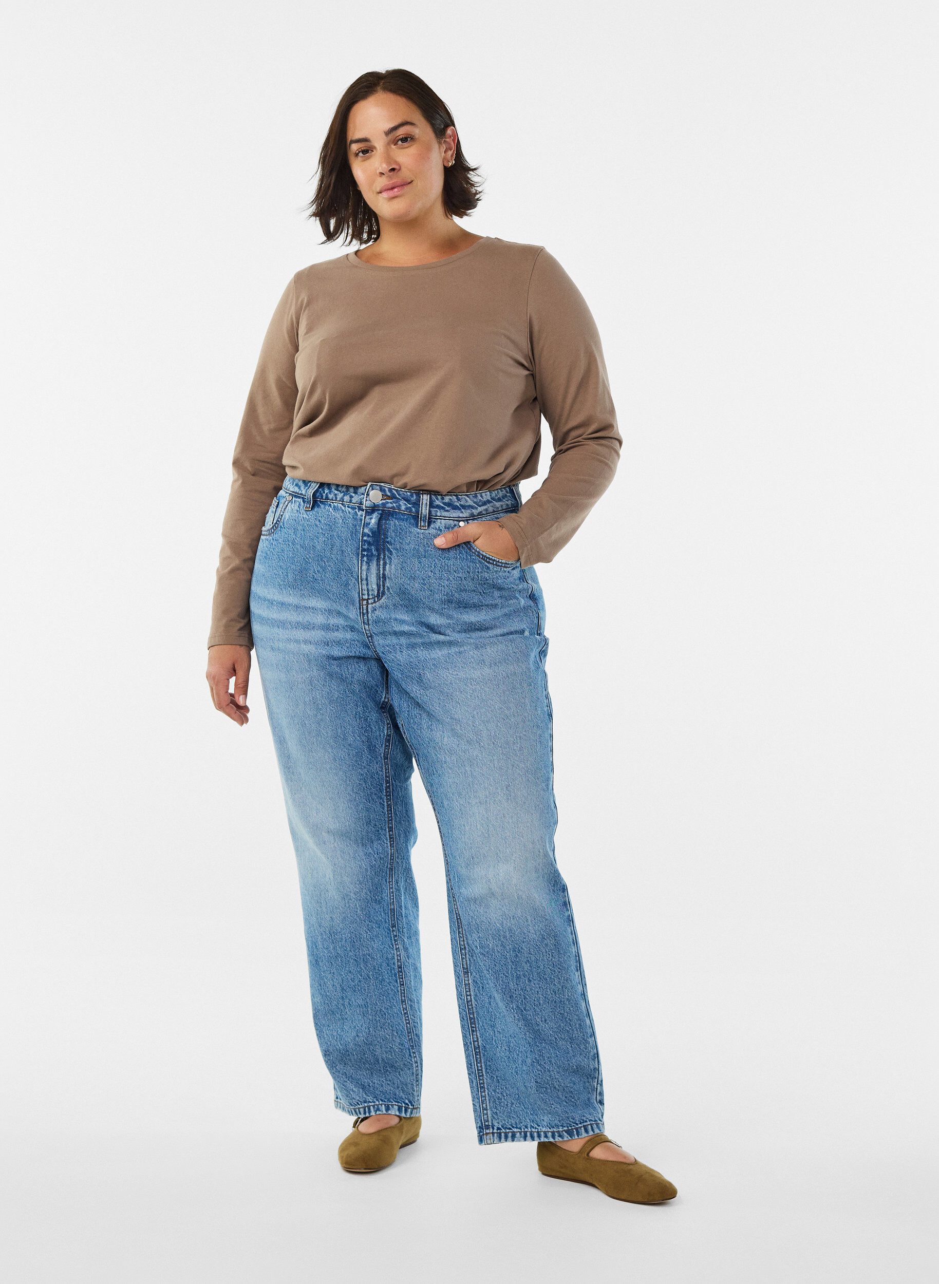 ZizziBasis jersey bluse med lange ermer, Brun, Model image number 1