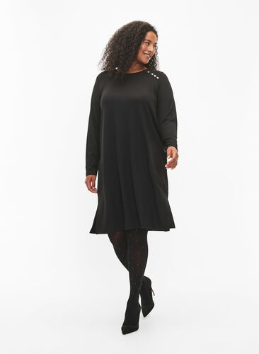 Langermet jerseykjole med knappedetaljer, Black, Model image number 3