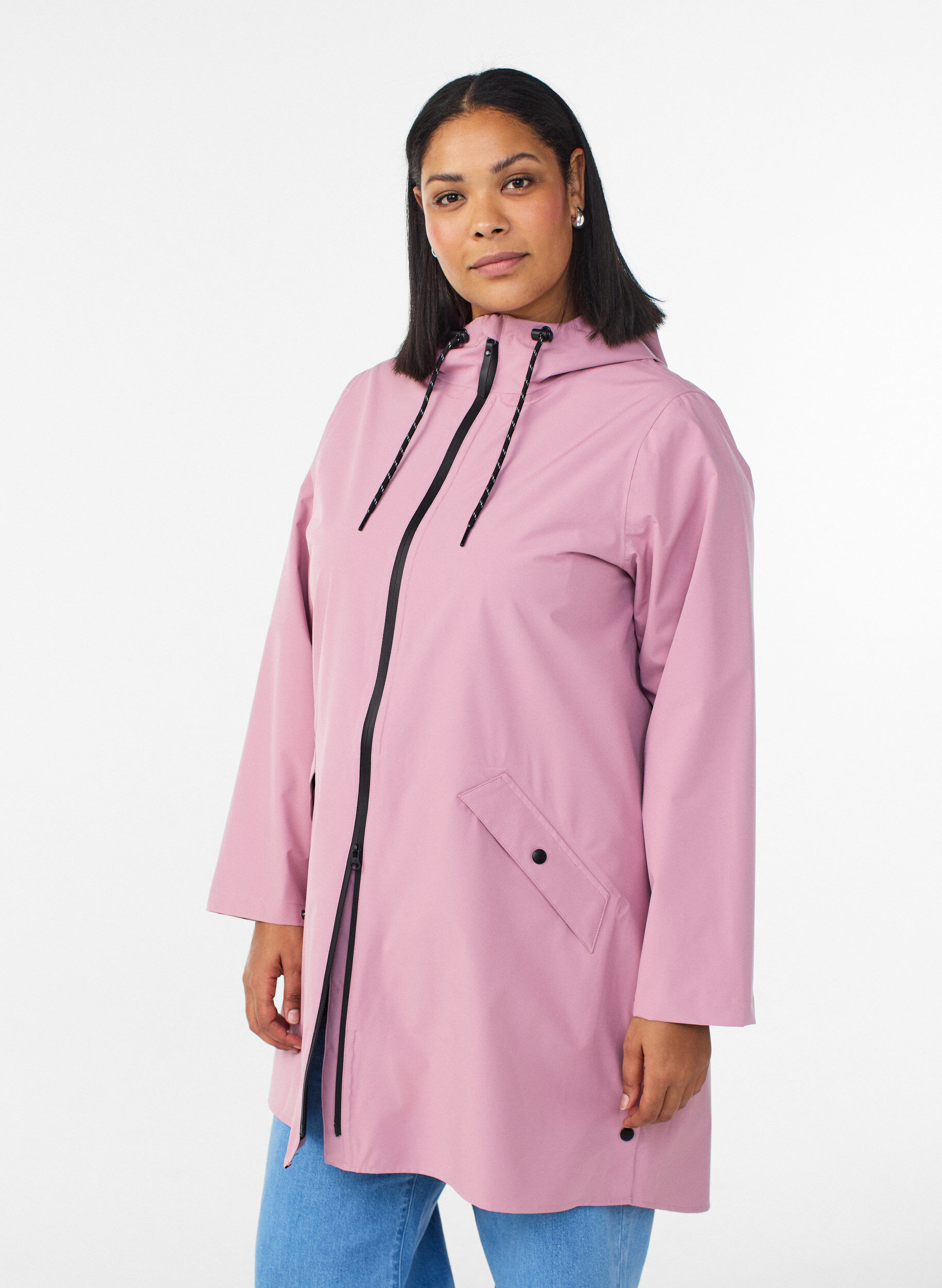 Regnjakke med lommer og hette, Rosa, Model