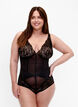 Bodystocking med netting og blonder, Black, Model image number 0