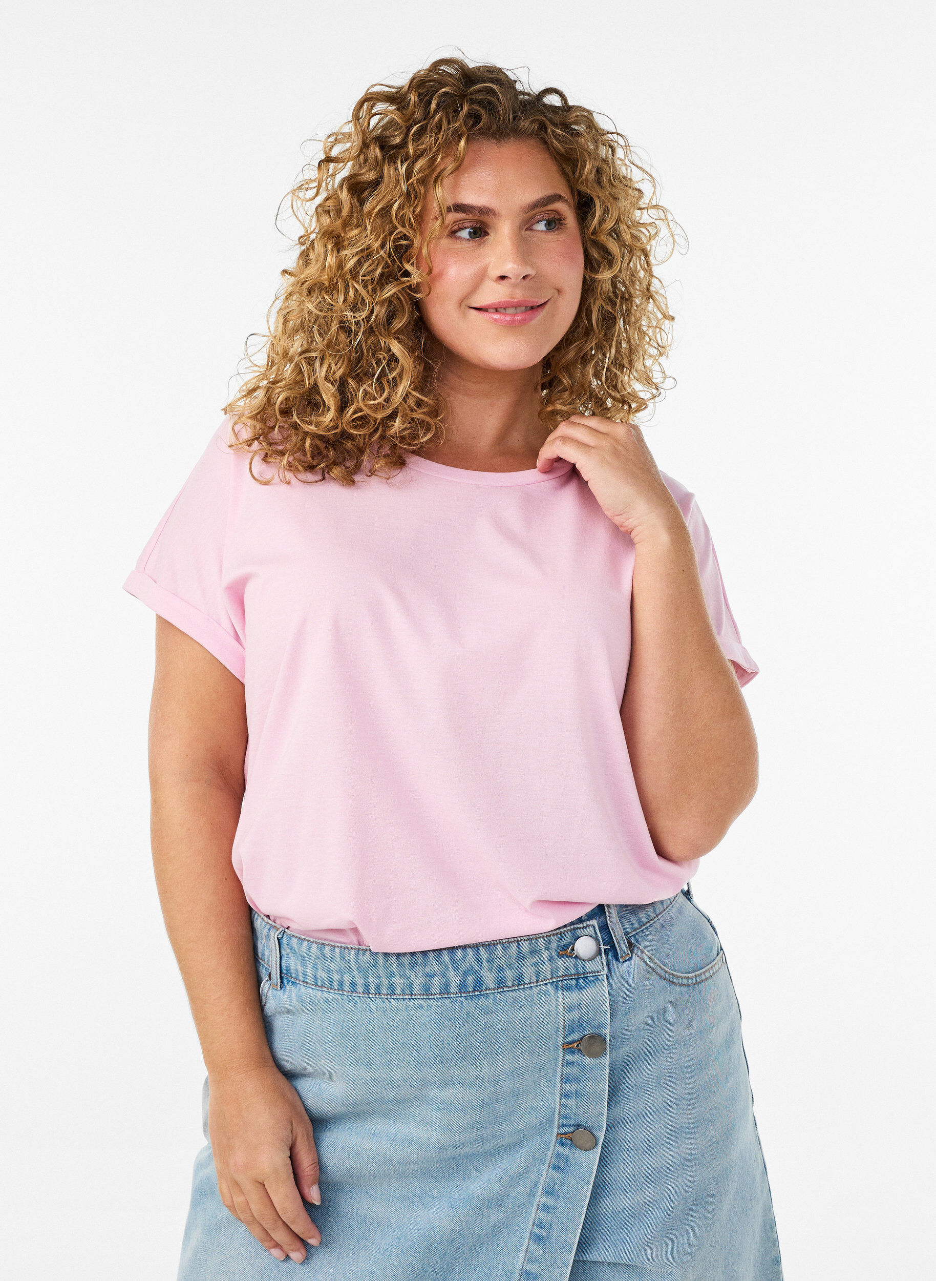 Kortermet T-skjorte i bomullsblanding, Rosa, Model