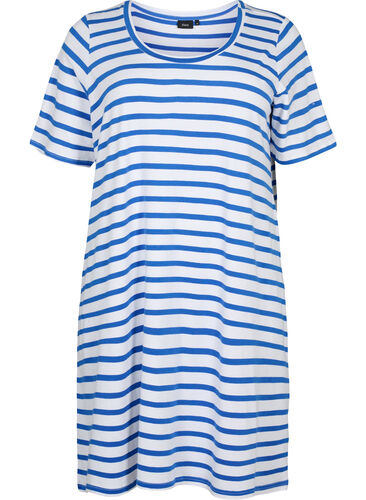 Stripete jerseykjole med korte ermer, Blue Stripes, Packshot image number 0