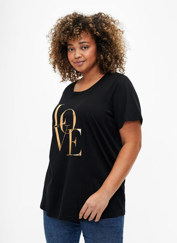 T-skjorte i bomull med gullfarget tekst, Black w. Gold Love, Model image number 0