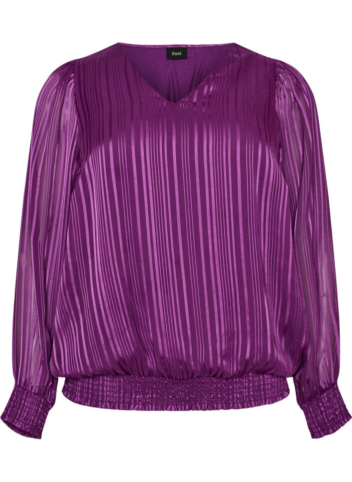 Stripete bluse med ballongfasong, Lilla, Packshot image number 0