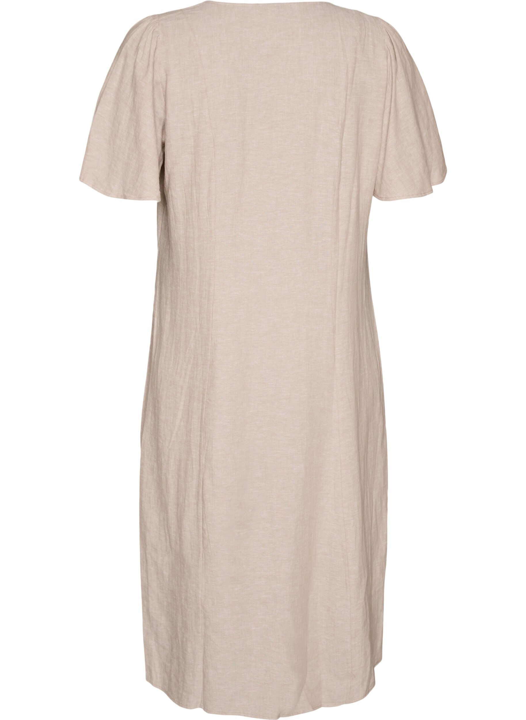 ZizziMidikjole i lin og viskose med volangermer, Beige, Packshot image number 1