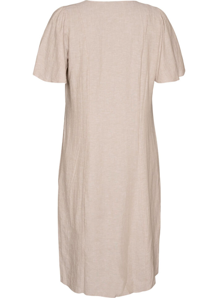 Midikjole i lin og viskose med volangermer, Beige, Packshot image number 1
