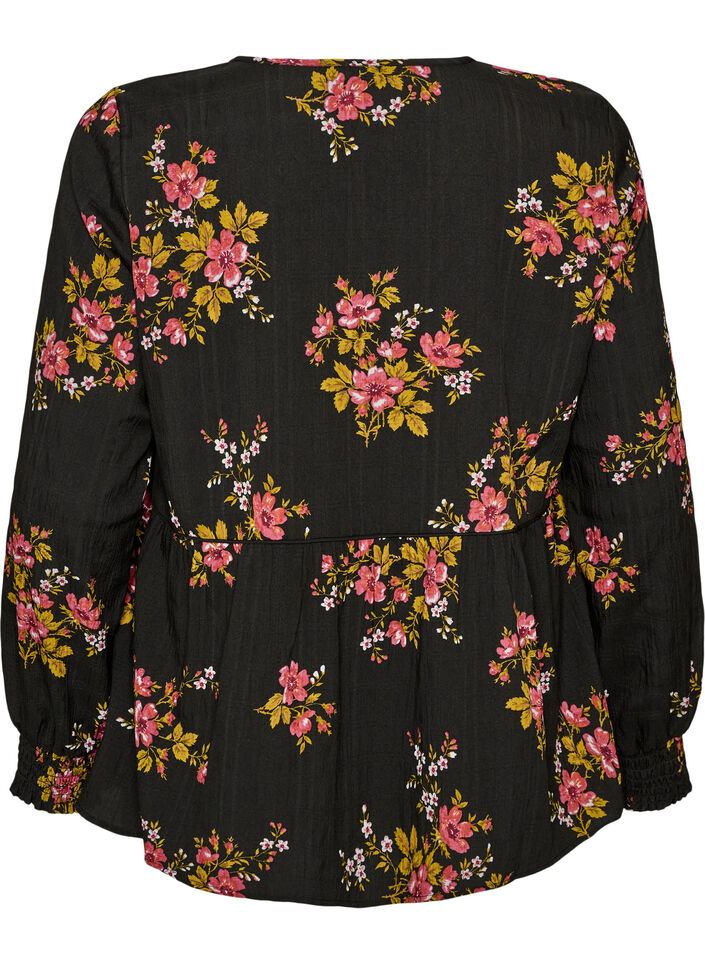 Langermet bluse med blomstertrykk, Svart, Packshot image number 1
