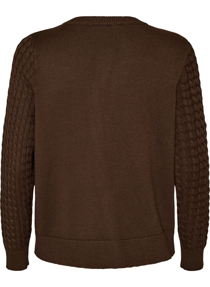 Flettestrikket cardigan med gullfargede knapper, Brun, Packshot image number 1