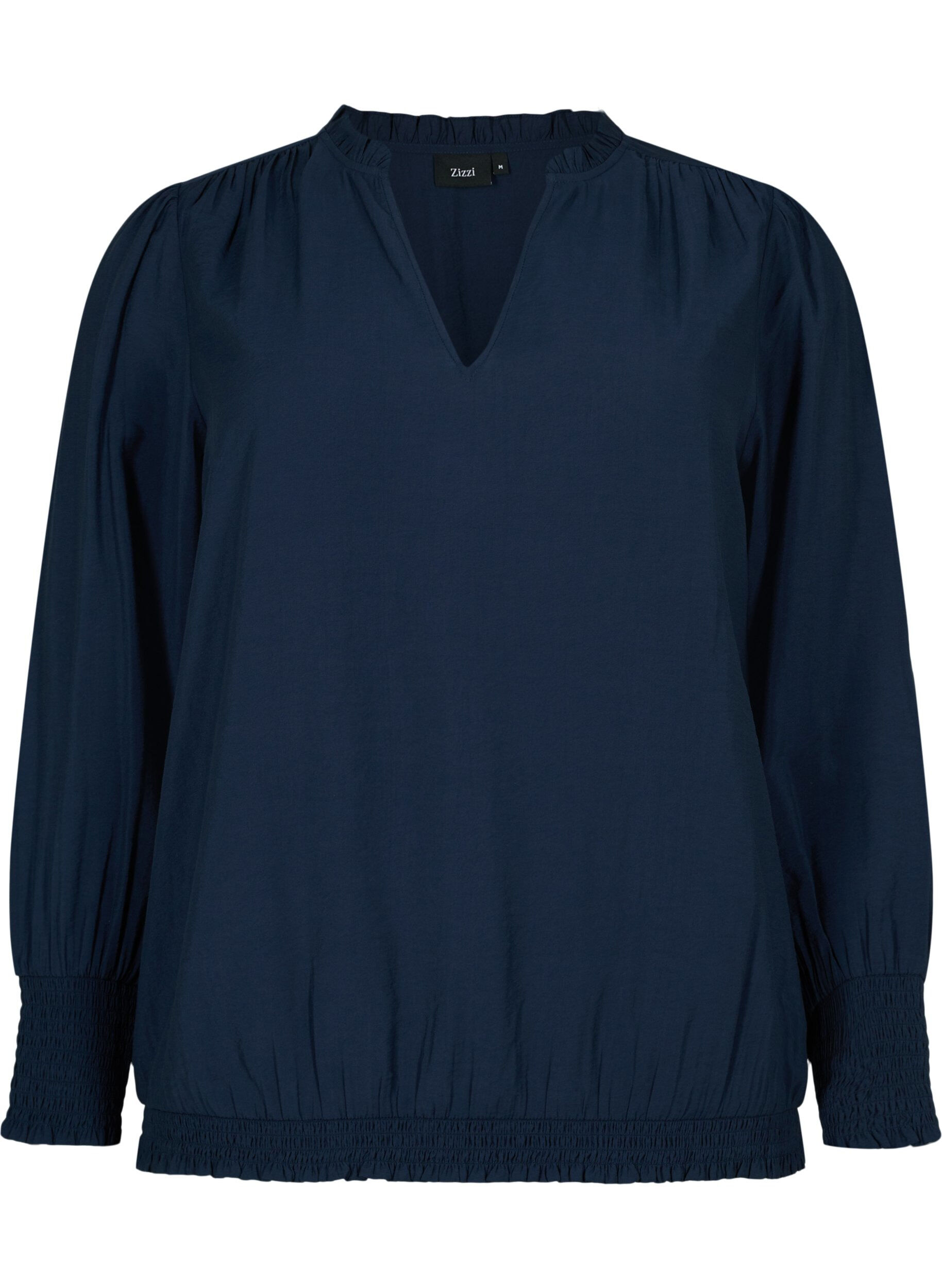 Zizzi Bluse i viskose med lange ermer og smock, Navy Blazer, Packshot image number 0