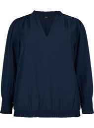 Bluse i viskose med lange ermer og smock, Navy Blazer