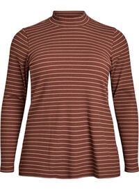 Stripet ribbet jerseybluse med høy hals, Brun Stripet ribbet jerseybluse med høy hals