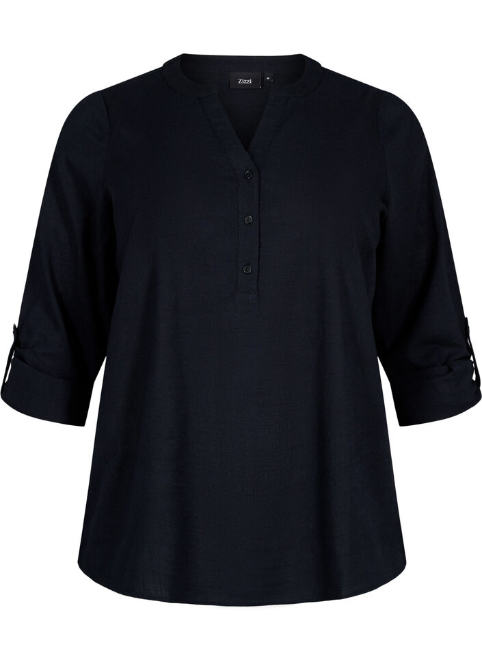 Bomullsbluse med V-hals, Black, Packshot image number 0