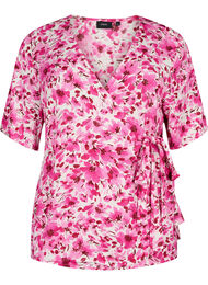 Bluse i viskose med omslagseffekt, Pink Flower Rain, Packshot