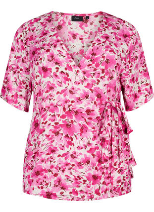 Bluse i viskose med omslagseffekt, Pink Flower Rain, Packshot image number 0