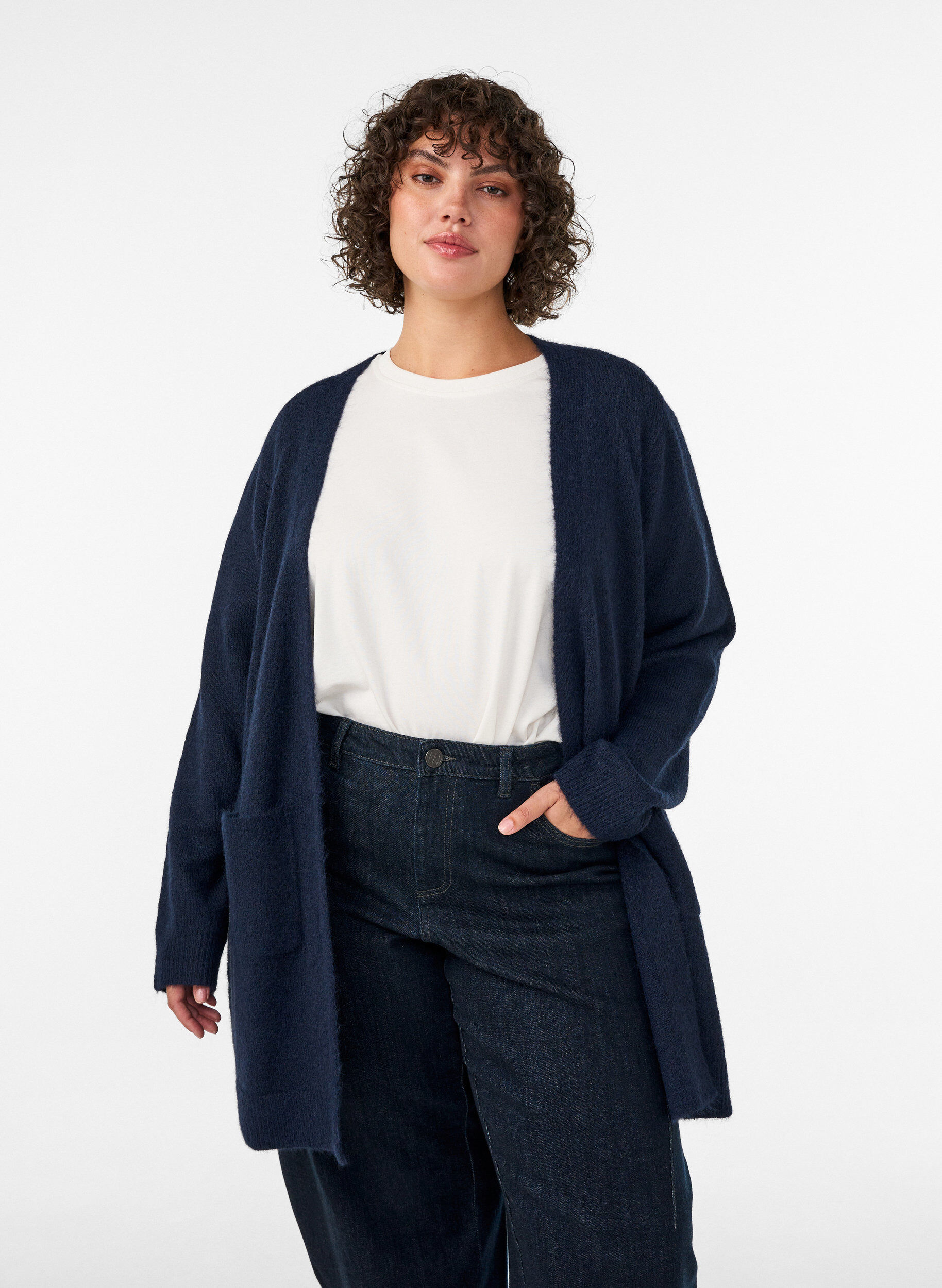 Lang cardigan med lommer, Bl&aring;, Model
