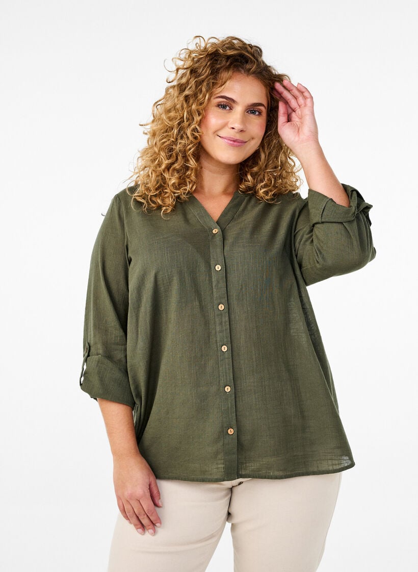 Bomullsbluse med V-hals, Gr&oslash;nn, Model image number 0