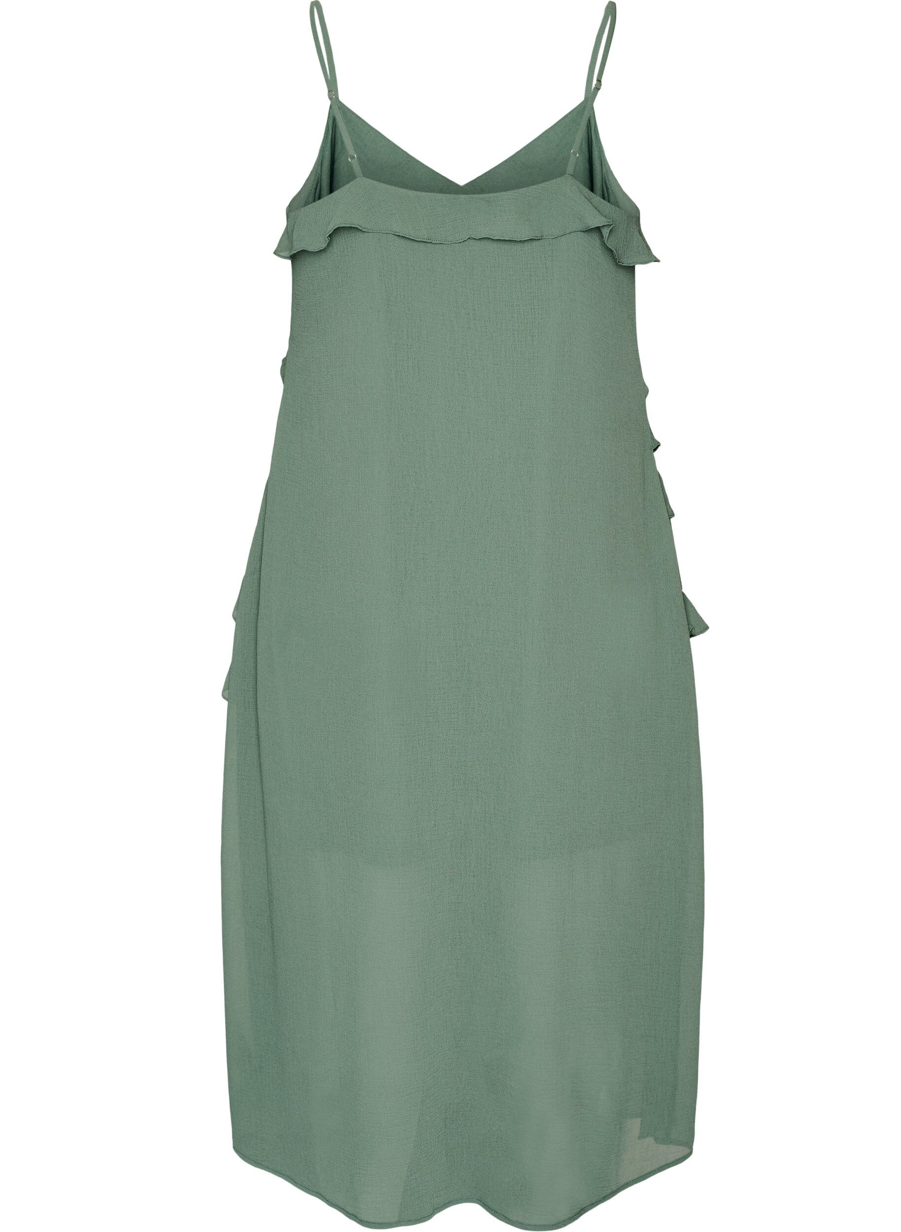 ZizziChiffonkjole med asymmetriske volanger, Gr&oslash;nn, Packshot image number 1