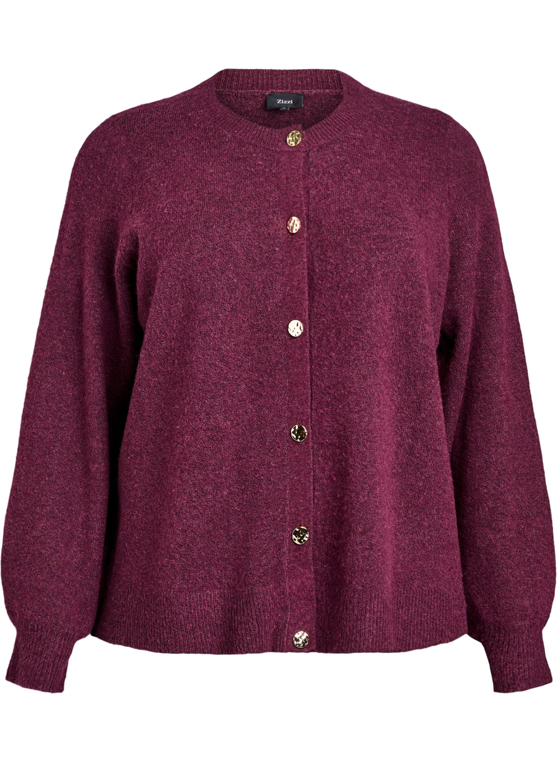 Zizzi Cardigan i myk strikk med gullfargede knapper, M&oslash;rk Bordeaux, Packshot image number 0