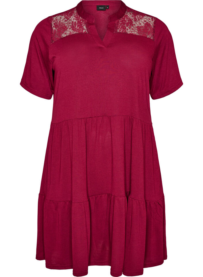 Jerseykjole med blondedetaljer og et lagdelt skj&oslash;rt, R&oslash;d, Packshot image number 0