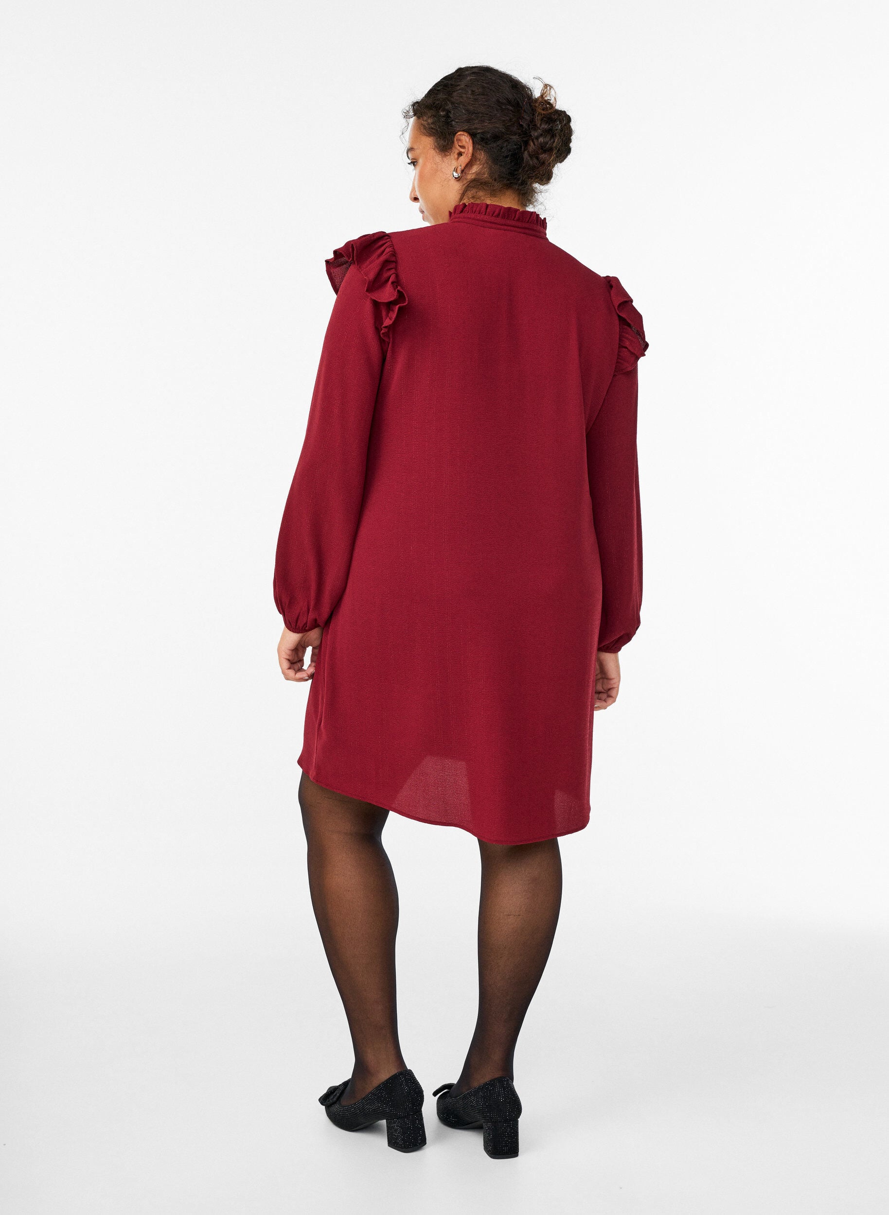 ZizziKort kjole med volanger og glitter, M&oslash;rk Bordeaux, Model image number 2