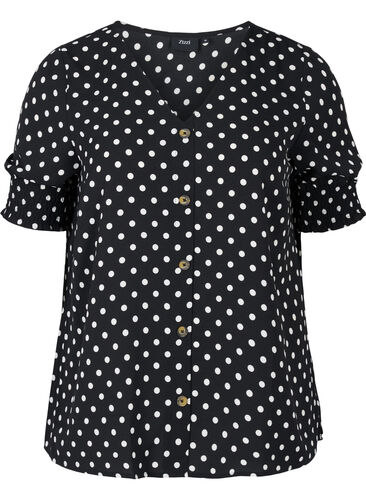 Mønstrete viskosebluse med knapper, Black Dot, Packshot image number 0