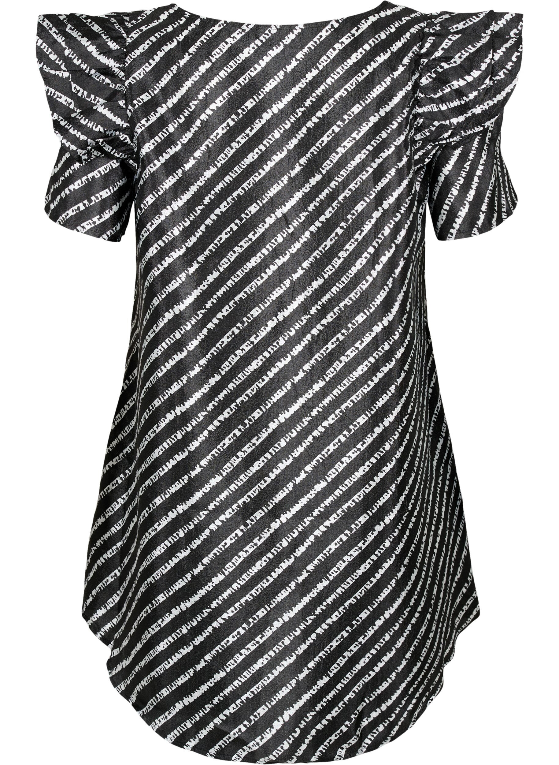 Zizzi Stripete tunika med frynser, Black/White Stripes, Packshot image number 1