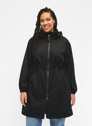 Funksjonell frakk med lommer og hette, Black, Model image number 0