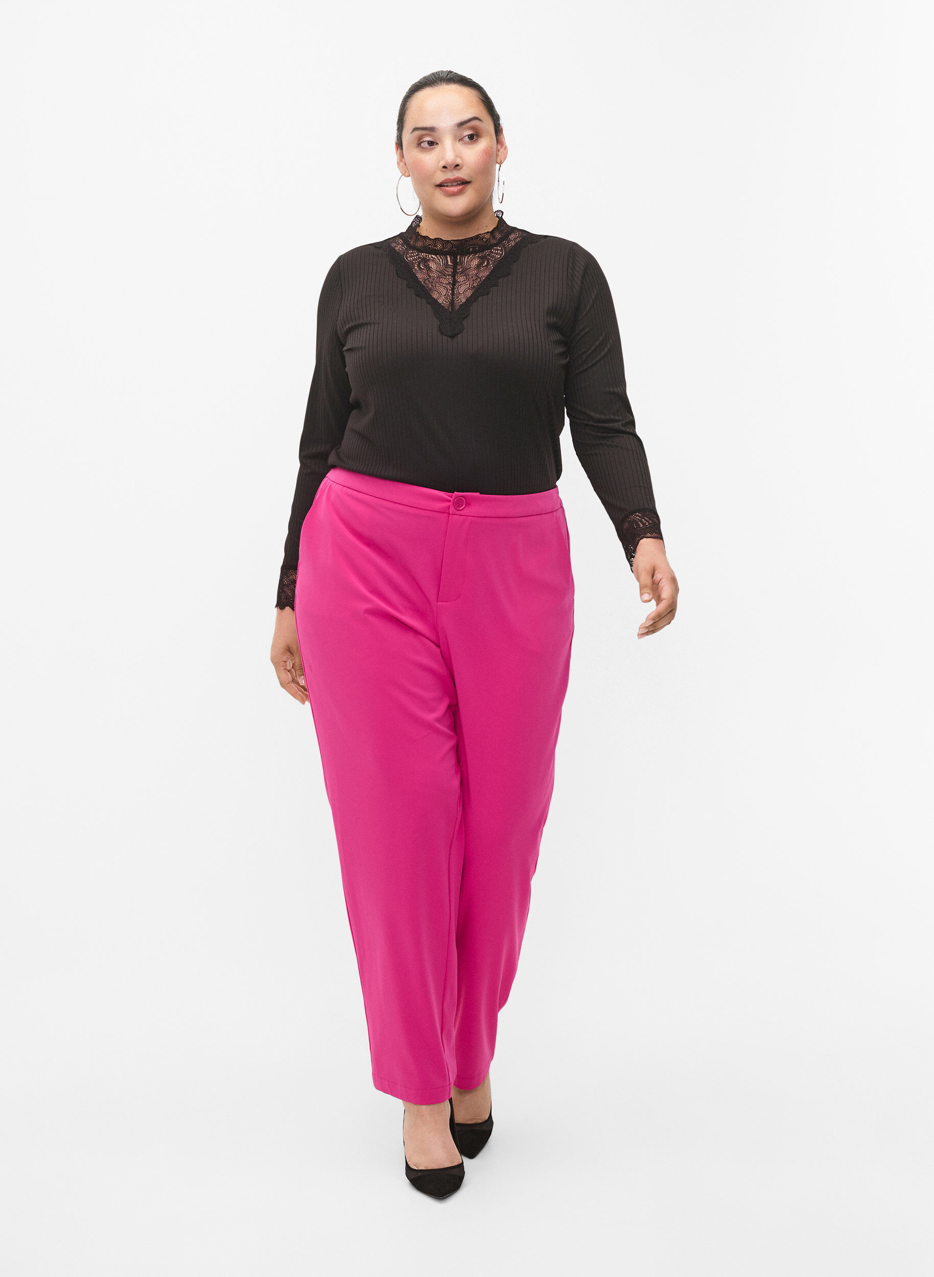 Zizzi Bluse med blonder og lange ermer, Black, Model image number 3