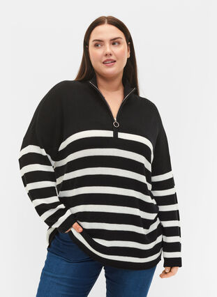 Stripete strikkegenser med høy krage, Black w.Cloud Dancer, Model image number 0