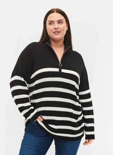 Stripete strikkegenser med høy krage, Black w.Cloud Dancer, Model image number 0
