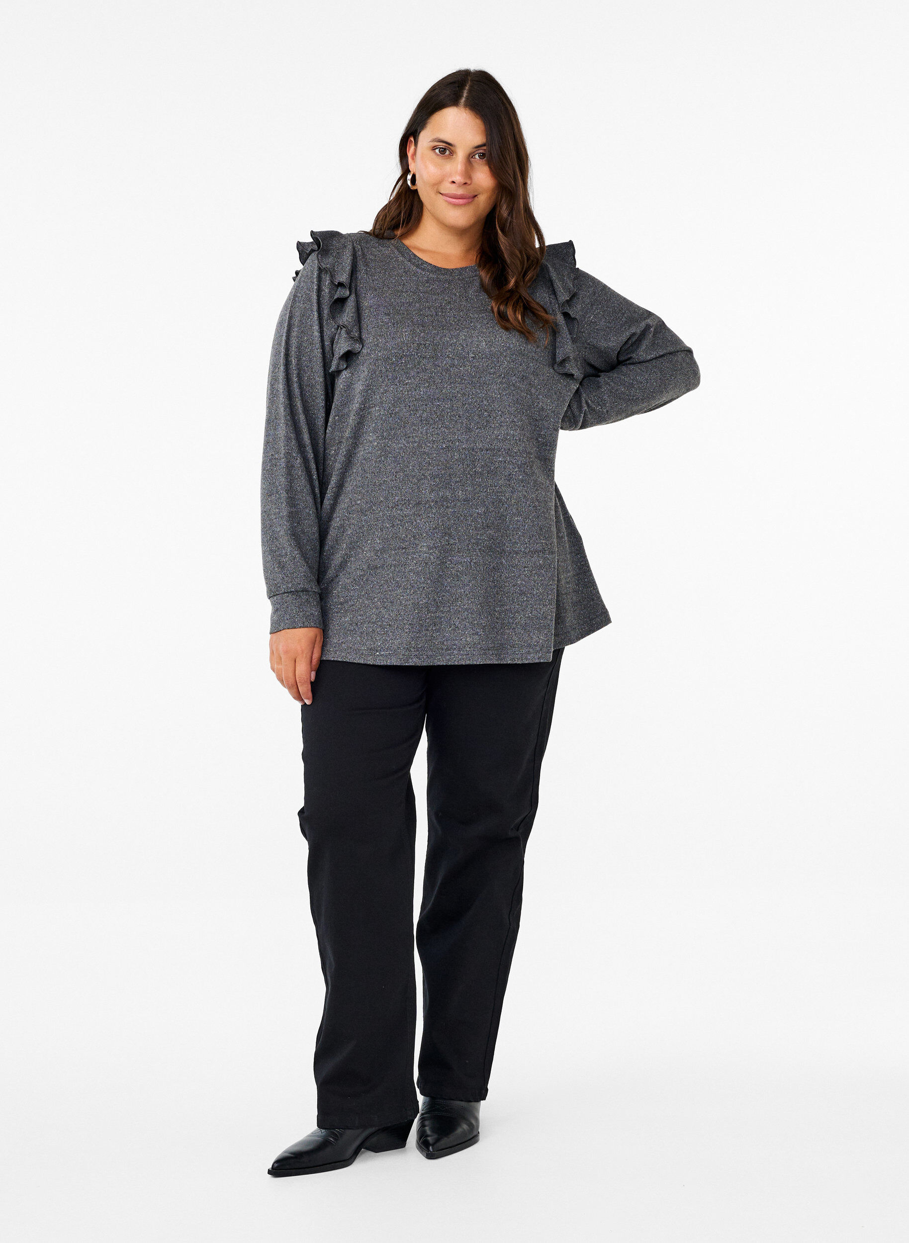 Zizzi Langermet bluse med volangdetaljer, Dark Grey Melange, Model image number 2