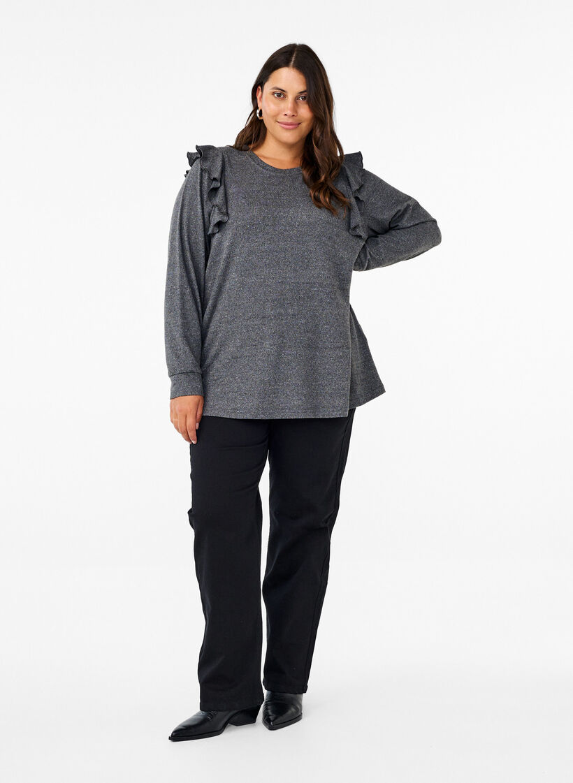 Langermet bluse med volangdetaljer, Dark Grey Melange, Model image number 2