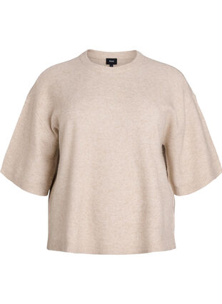 Zizzi Løs strikket bluse med korte ermer, Beige, Packshot image number 0