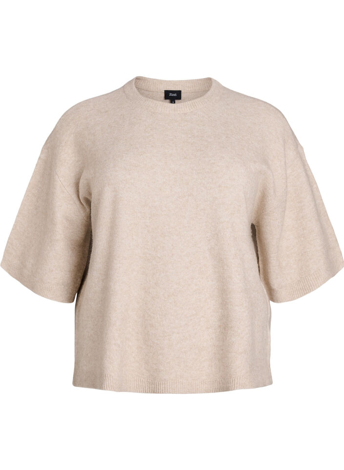 Løs strikket bluse med korte ermer, Beige, Packshot image number 0
