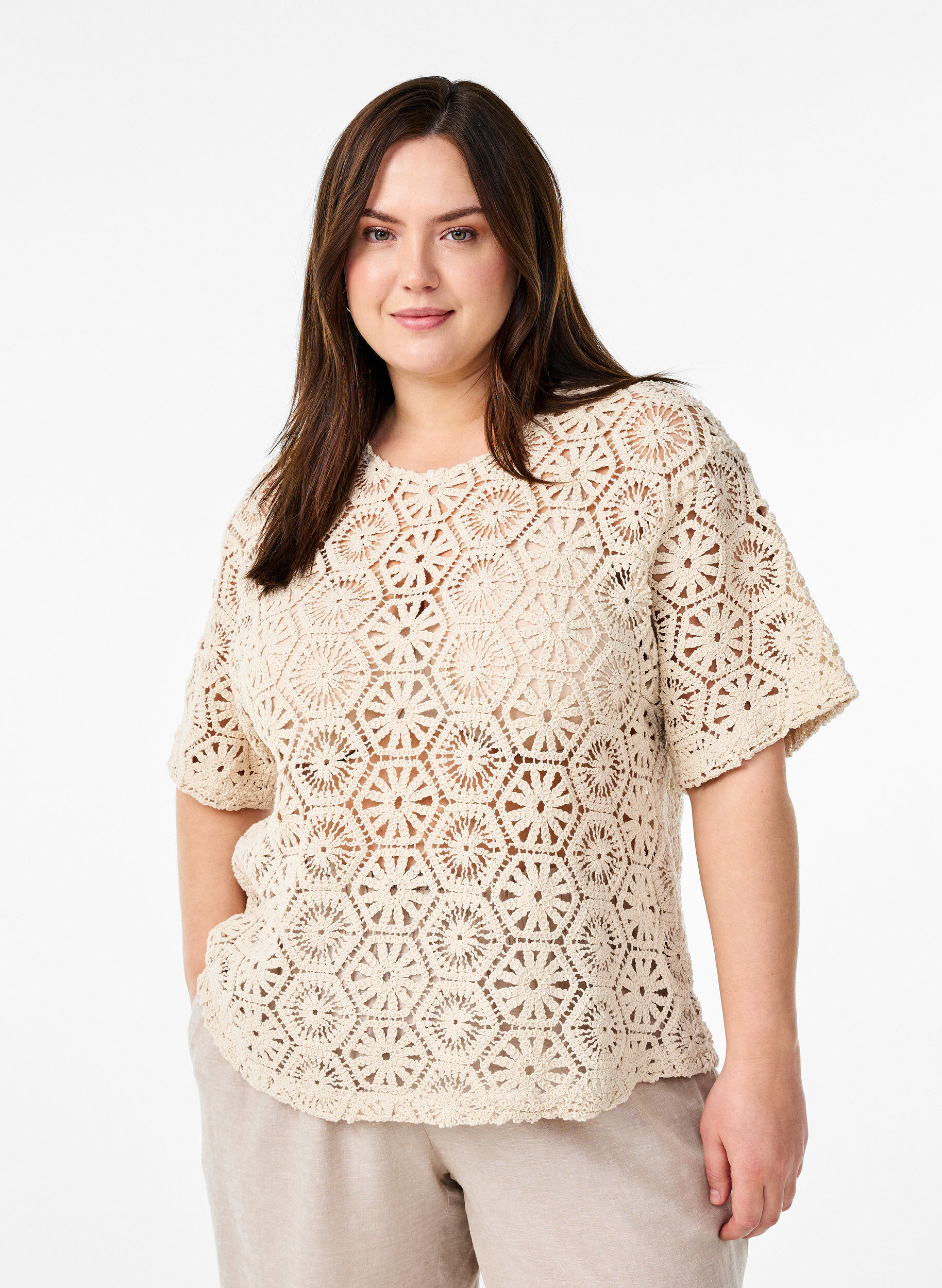 Heklet bluse med korte ermer, Beige, Model