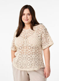 Heklet bluse med korte ermer, Beige Heklet bluse med korte ermer, Beige, Model