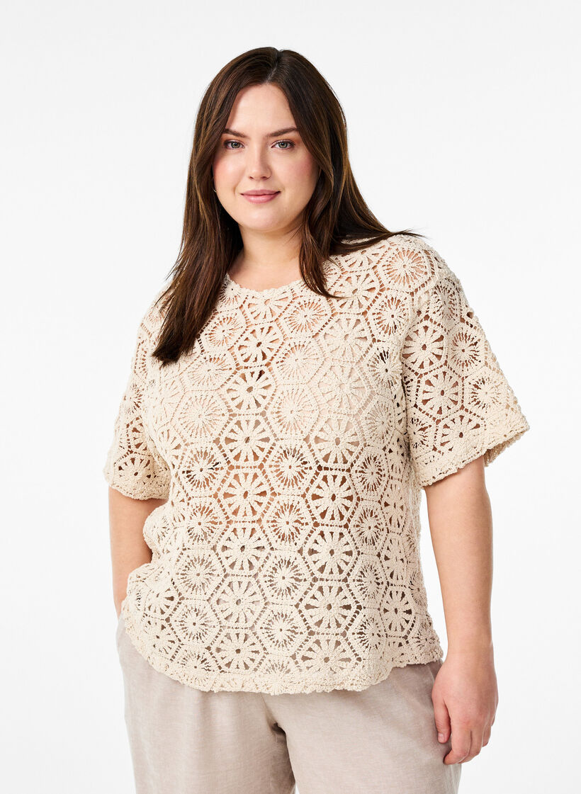 Heklet bluse med korte ermer, Beige, Model image number 0