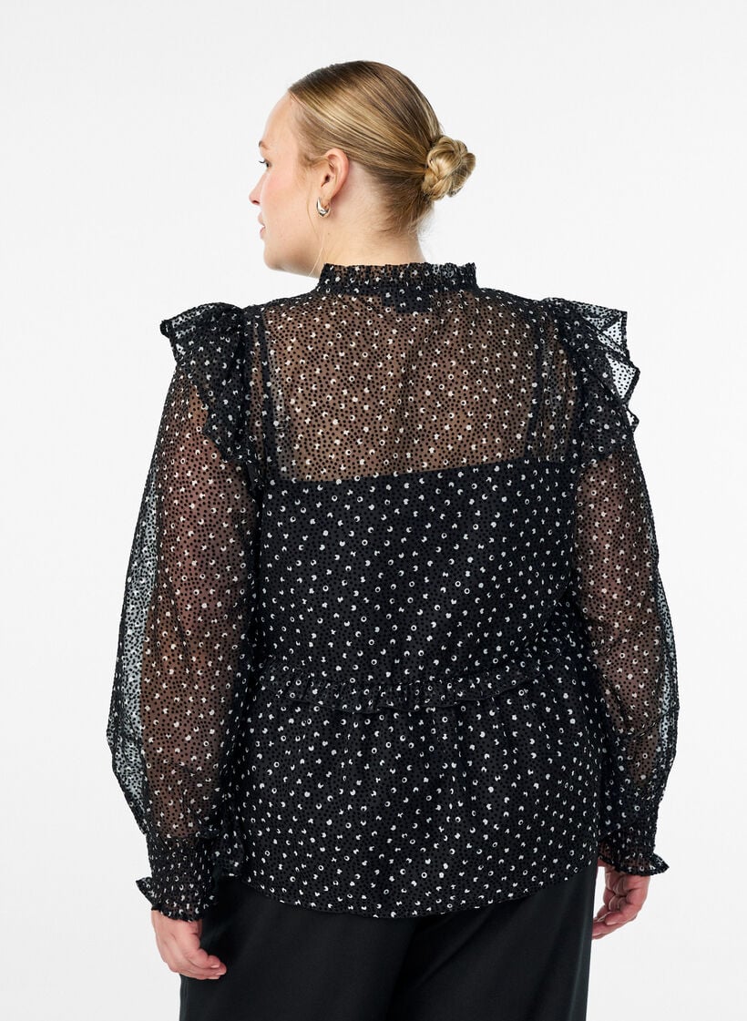 Chiffonbluse med volangdetaljer og små prikker, Svart, Model image number 2