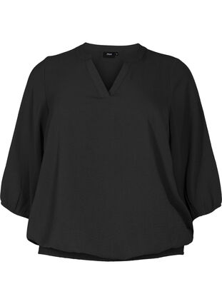 Bluse med smock og 3/4-ermer, Black, Packshot image number 0
