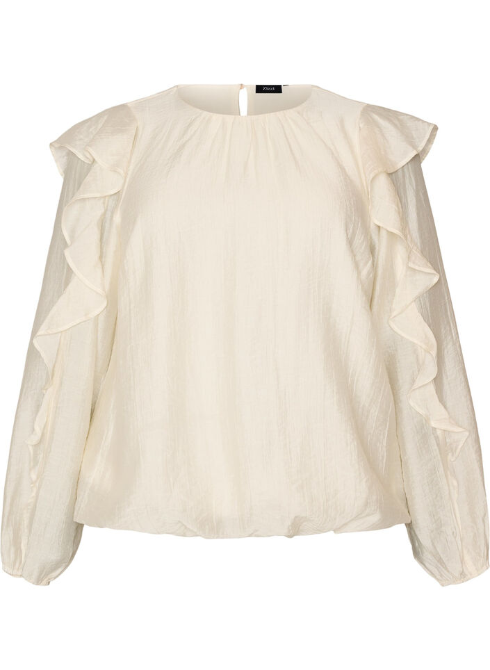 Bluse med rysjer og ballongfasong, Vanilje, Packshot image number 0