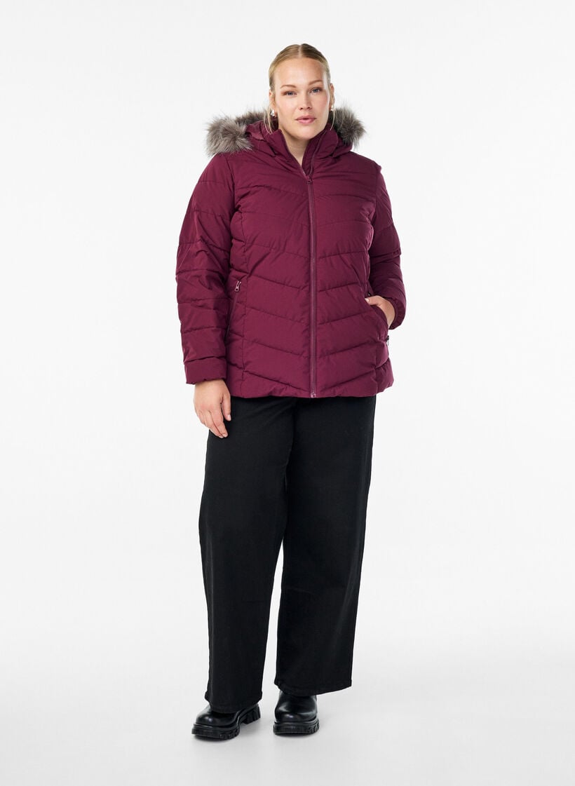 Kort boblejakke med hette, M&oslash;rk Bordeaux, Model image number 1