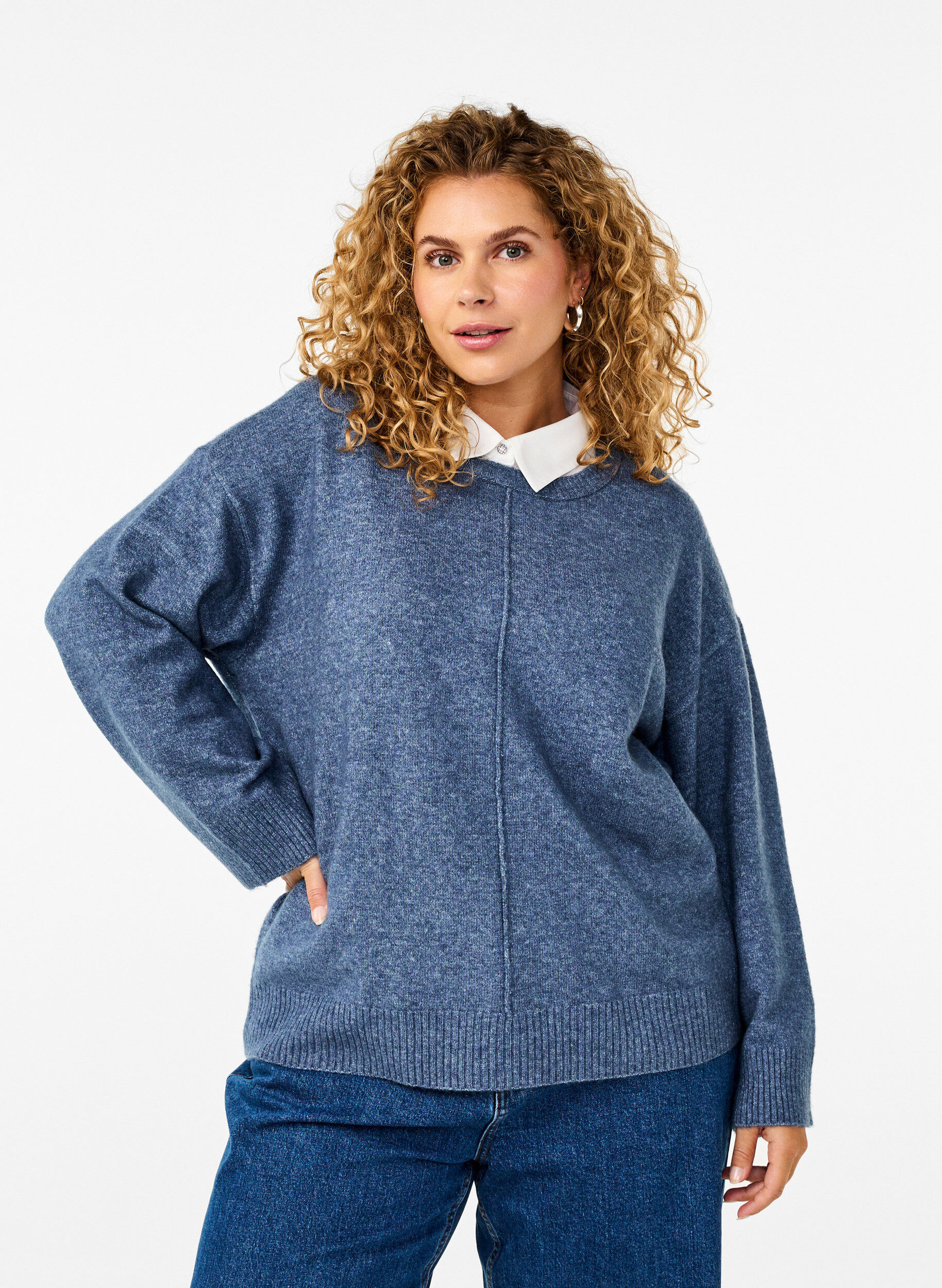 Zizzi Strikket bluse med rund hals og midts&oslash;m, Bering Sea Mel., Model image number 0